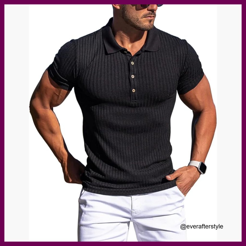 Slim Fit Polo Shirt Short Sleeve V-Neck Button Down Casual Activewear